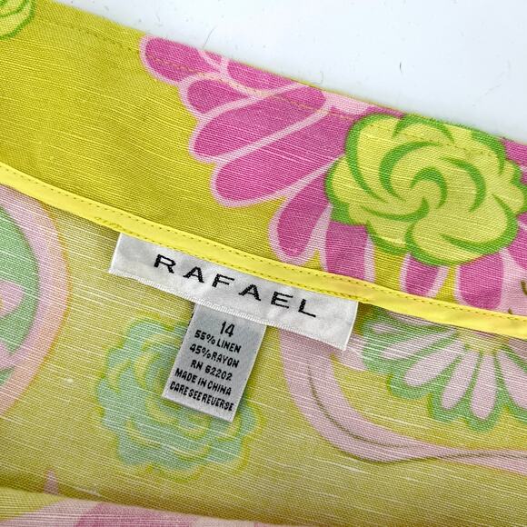 Vintage 90s Linen Blend Retro Floral Psychedelic Skirt Yellow Size 14 - Picture 6 of 8